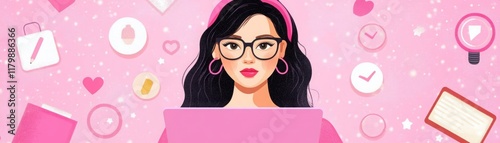 A Stylish Young Woman with Glasses Working on a Laptop Surrounded by Cute Pink Icons and Graphics Representing Creativity and Digital Culture photo