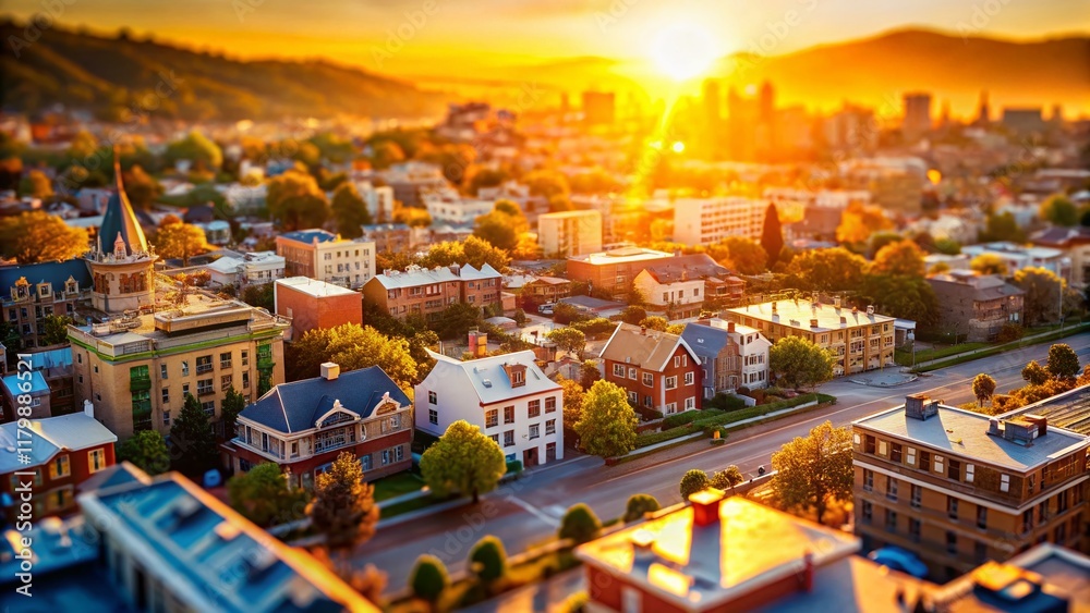 Naklejka premium Miniature Cityscape: West Coast Sunset, Tilt-Shift Photography