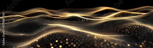 Golden light waves flowing through a dark digital landscape of glittering particles