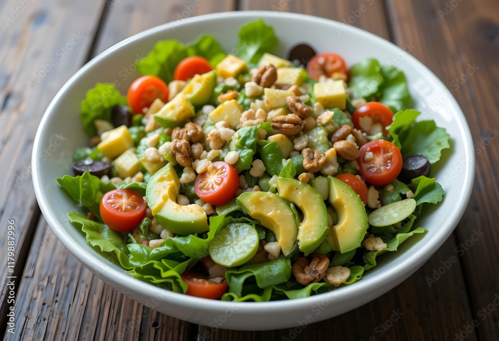 A colorful and nutritious salad bowl with leafy greens, tomatoes, avocado - 02 A colorful and nutritious salad bowl with leafy greens, tomatoes, avocado - 02