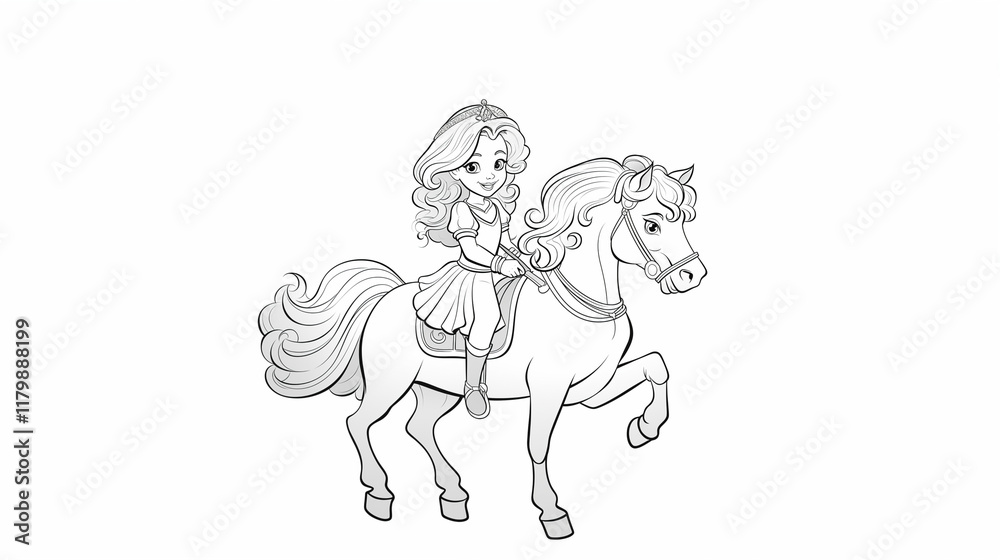 A princess girl with long, fluffy hair sits on a standing white horse with one front leg raised, cartoon coloring picture, image, sketch, picture, illustration, outline isolated on a white background A princess girl with long, fluffy hair sits on a standing white horse with one front leg raised, cartoon coloring picture, image, sketch, picture, illustration, outline isolated on a white background