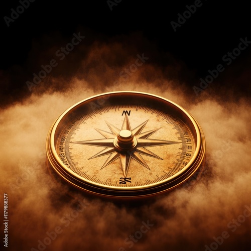 Golden Compass on a Mysterious Background with Fog, Symbolizing Navigation, Exploration, and Adventure in a Dreamlike Atmosphere photo