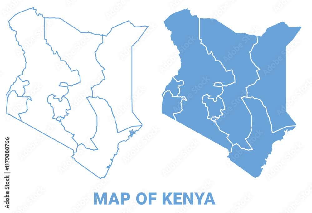 Fototapeta Kenya Blue map flat regions border outline vector illustration