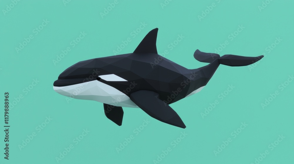 Fototapeta premium Dynamic Low-Poly Orca Whale in Monochrome, Teal Gradient Seascape - Ultra-Detailed Abstract Marine Art Piece