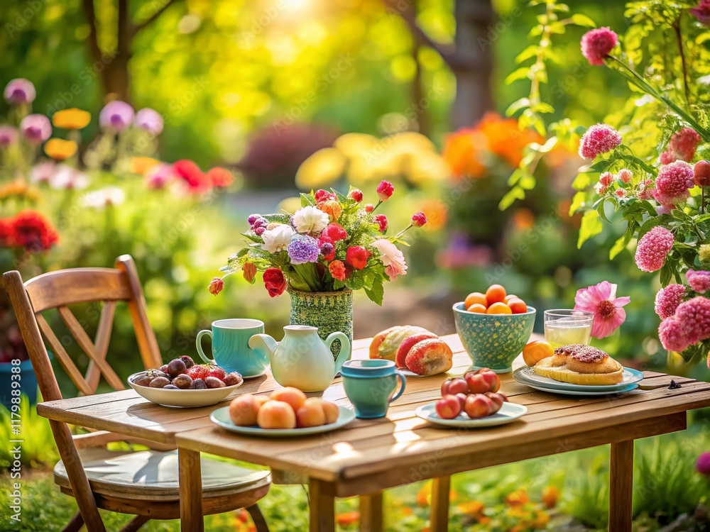 Miniature Garden Breakfast: Tilt-Shift Photo of a Delightful Morning Meal Outdoors Miniature Garden Breakfast: Tilt-Shift Photo of a Delightful Morning Meal Outdoors