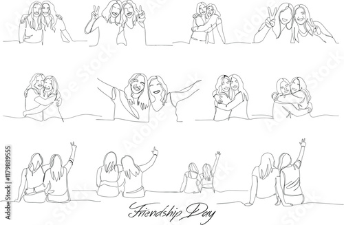 Two Lovely Girl Friends Are Enjoying Together Friendship Day Concept Continuous One Line Drawing