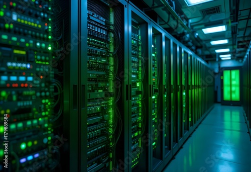 A server room with blinking green and blue LED lights - 02 photo