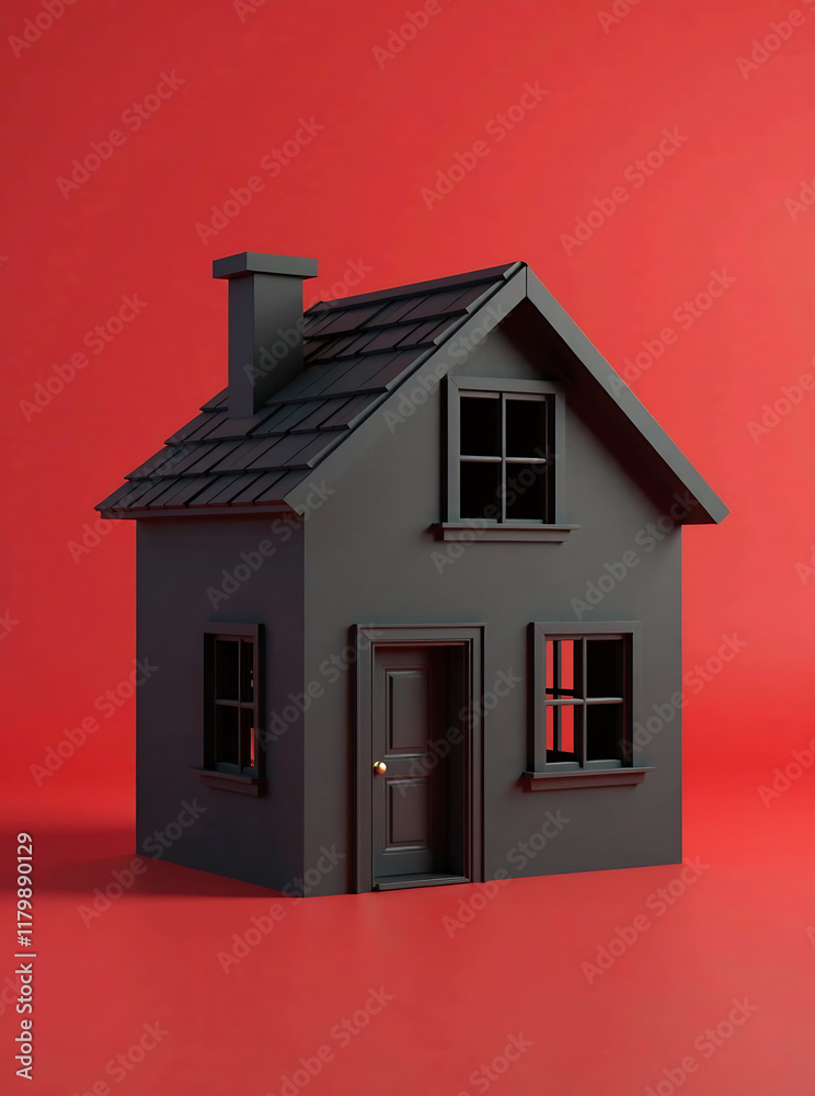 Black house with openings of windows and doors on a red background. 3D rendering new image Black house with openings of windows and doors on a red background. 3D rendering new image