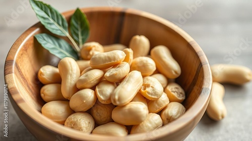 Organic Japanese peanuts in a wooden bowl with arachis hypogaea pods, natural, bowl, food photo