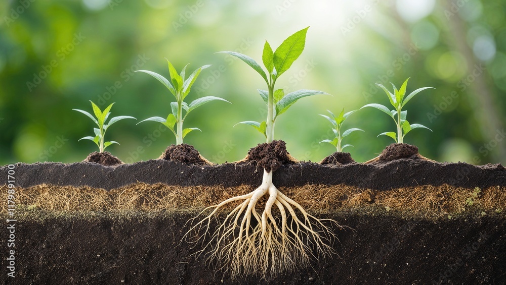 Fototapeta premium Detailed Cross Section of Soil Layer with Growing Plants