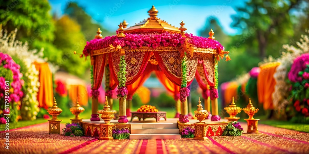 Naklejka premium Miniature Indian Wedding Decor: Vibrant Mandap & Festive Details