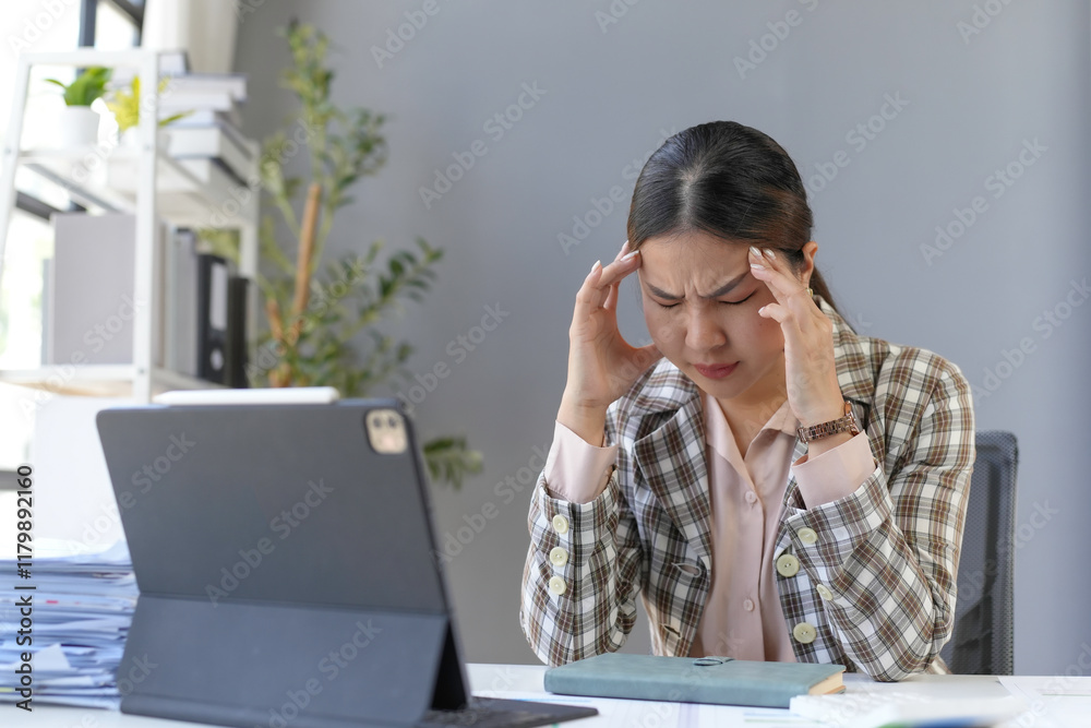Businesswoman in an office setting holds her head in frustration, sitting in front of a tablet. Papers and plants surround her workspace Businesswoman in an office setting holds her head in frustration, sitting in front of a tablet. Papers and plants surround her workspace
