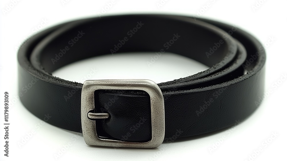 Rolled Black Leather Belt with Silver Buckle on White Background. Rolled Black Leather Belt with Silver Buckle on White Background.
