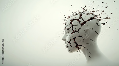 Shattered Mind, A 3D Render of a Woman's Head Exploding into Fragments