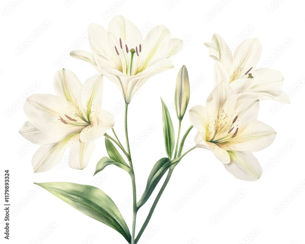 Fototapeta premium Delicate white lilies with green leaves on a white isolated background.