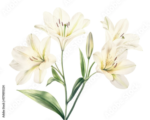 Delicate white lilies with green leaves on a white isolated background.