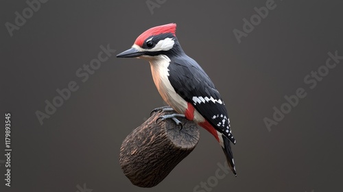 Dynamic Low-Poly Woodpecker Perched on Stylized Trunk with Angular Red Crest and Cinematic Black-and-White Wings in Ultra-Detailed Image photo