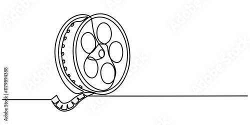 One continuous line drawing of film reel with long tape. Retro old movie and cinema roll in simple linear style. Vintage video filmstrip in editable stroke, film reel with long tape continuous vector.