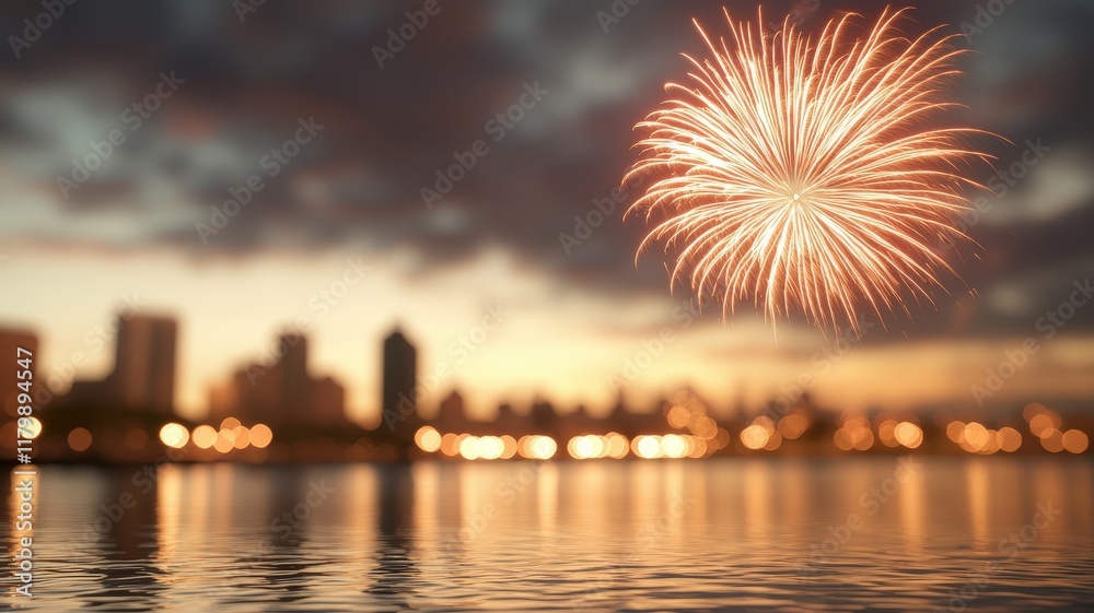 Fototapeta premium firework on celebration concept. Fireworks illuminate a city skyline reflected in water during twilight.