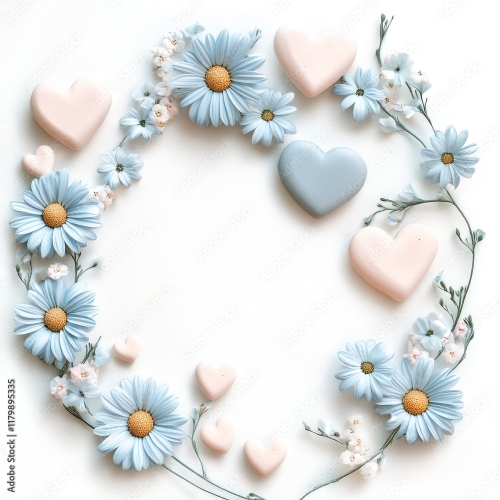 Fototapeta premium Valentine's day love heart frame pale blue daisy background