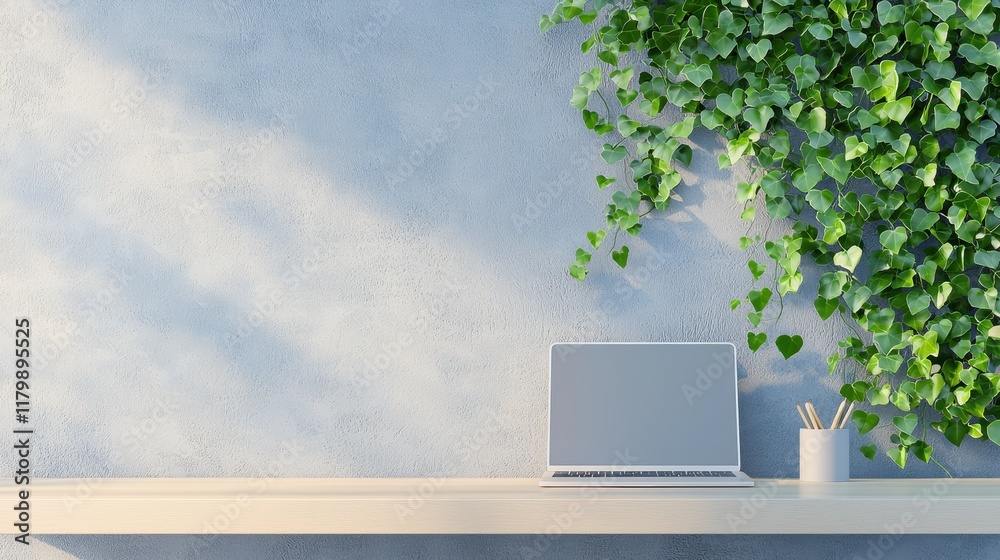 Fototapeta premium A desk with a trailing ivy plant cascading down from a shelf, adding a touch of nature and tranquility to the work area.