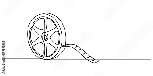One continuous line drawing of film reel with long tape. Retro old movie and cinema roll in simple linear style. Vintage video filmstrip in editable stroke, film reel with long tape continuous vector.