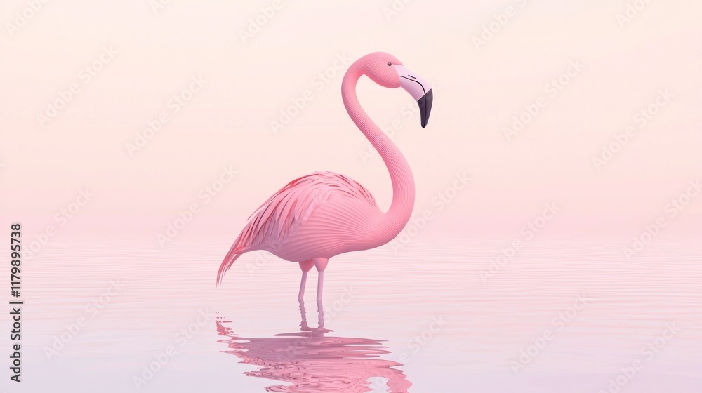 Fototapeta premium Majestic Low-Poly Flamingo Pose in Shallow Water Reflection - Ultra-Detailed Cinematic Image
