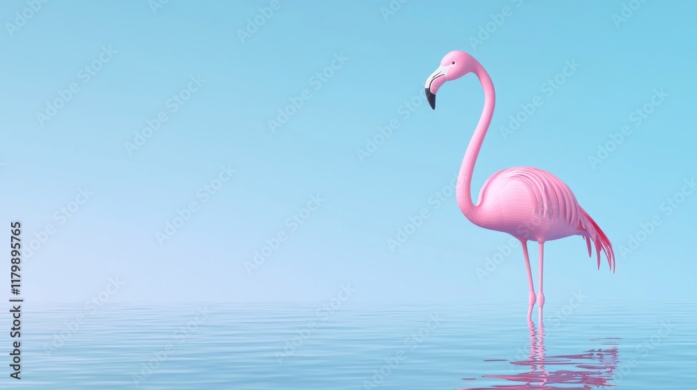 Fototapeta premium Majestic Low-Poly Flamingo in Shallow Water Reflection - Ultra-Detailed Cinematic Image