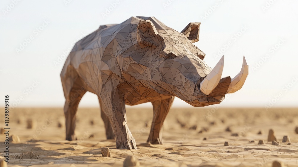Fototapeta premium Majestic Low-Poly Warthog in Earthy Brown Plating on Savanna Background - Ultra-Detailed 3D Polygonal Artwork