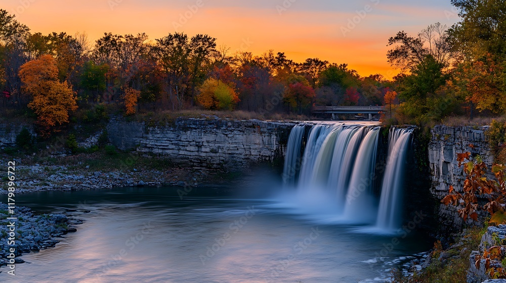 Majestic waterfall cascading over rocks at sunset, surrounded by vibrant autumn foliage. Majestic waterfall cascading over rocks at sunset, surrounded by vibrant autumn foliage.