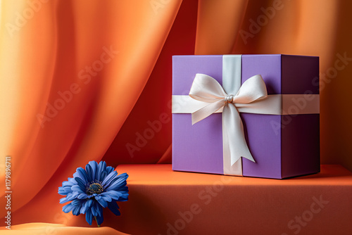 Luxury gift box, birthday wedding valentine, purple with white satin ribbon, blue ginger flower, soft orange showcase display, vibrant backdrop, copy space.  photo