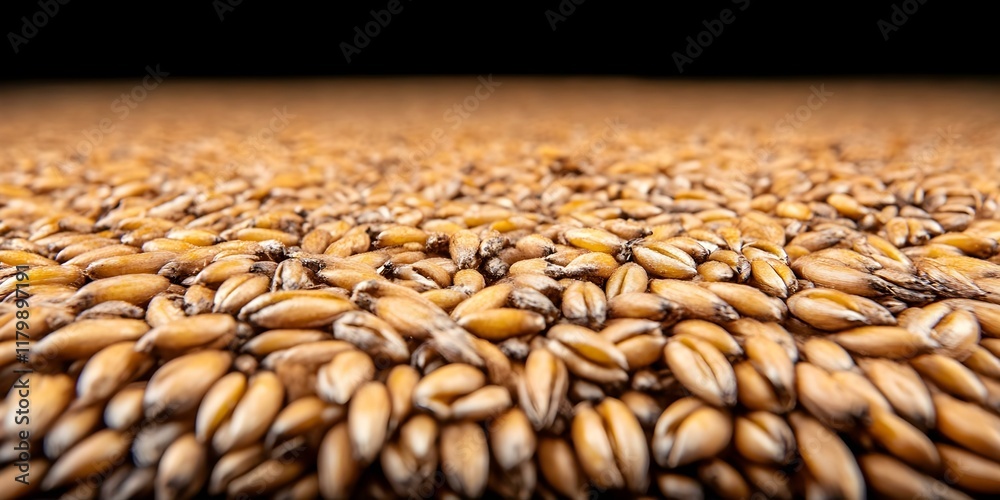 Obraz premium A close-up view of numerous golden grains of wheat spread out on a surface, showcasing their texture and color. Concept Wheat Grain Close-Up, Texture and Color, Natural Harvest, Agricultural Beauty