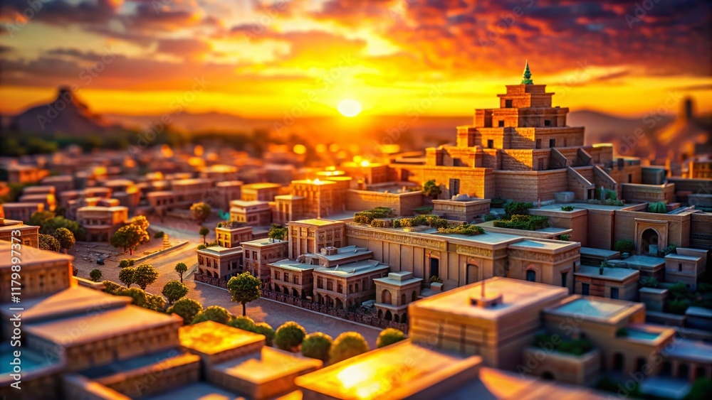 Fototapeta premium Miniature Sumerian City at Sunset: Tilt-Shift Photography