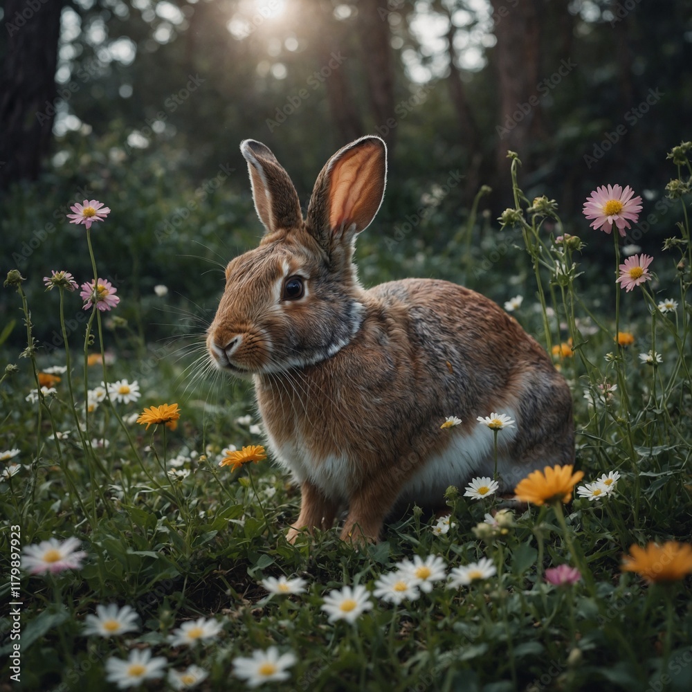 Fototapeta premium A mystical rabbit that leaves a trail of flowers wherever it hops.