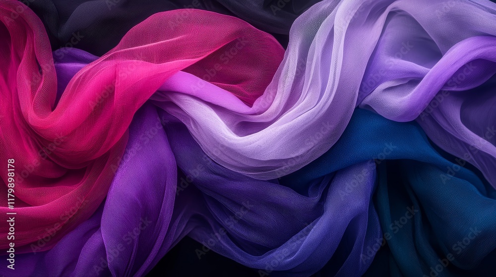 Fototapeta premium Luxurious Draped Colorful Sheer Fabric Elegant Purple Pink Blue Textile Background