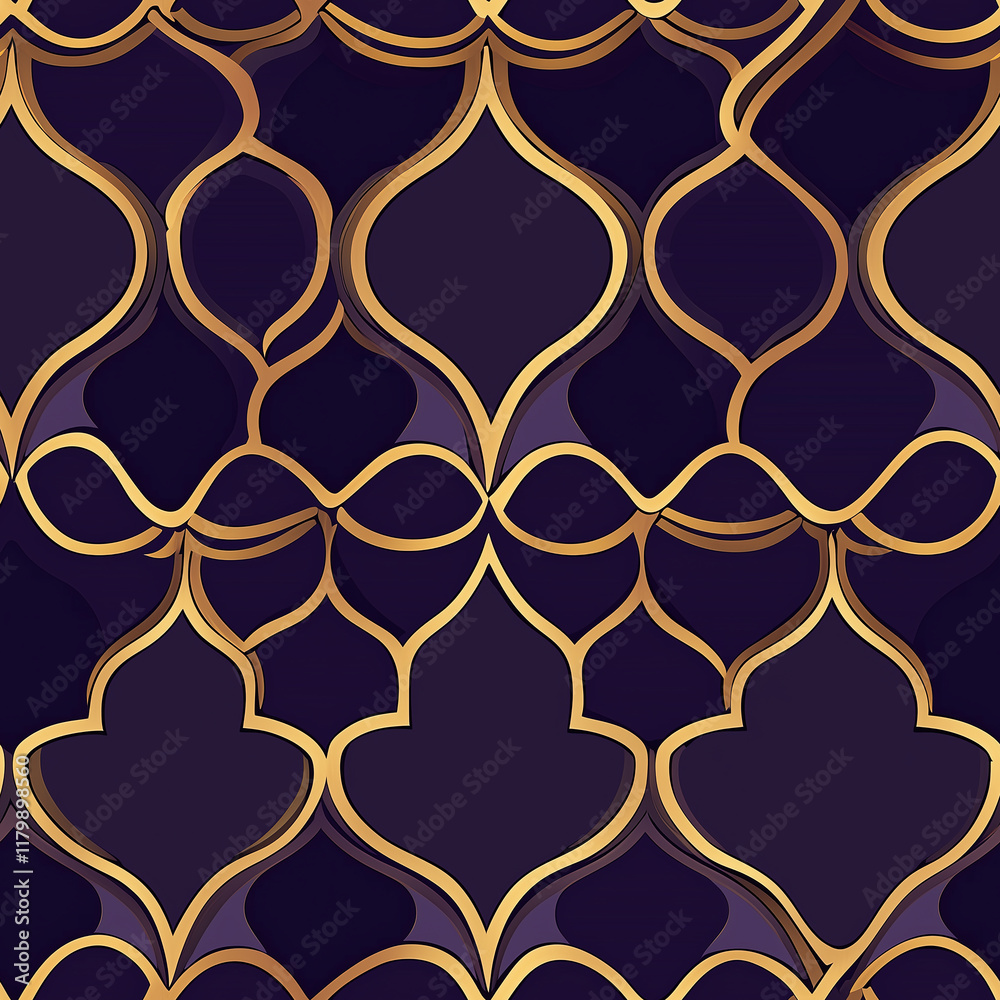 Naklejka premium Elegant geometric pattern featuring gold outlines on a deep purple background, creating a sophisticated design suitable for various decor styles.