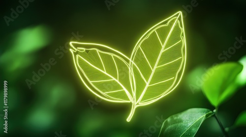 Glowing Neon Leaves: Nature's Sustainable Energy Symbolism in Vibrant Green photo