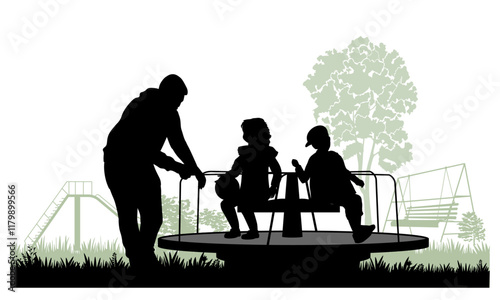 Children silhouettes. Father with son and daughter playing on merry-go-round. Vector illustration.	
