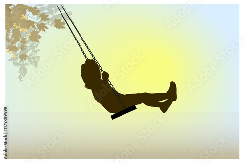 Children silhouettes. Little girl swinging on a playground. Vector illustration.	
