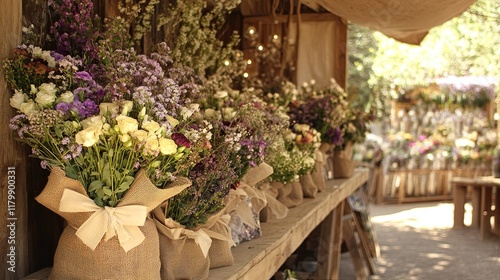 Wallpaper Mural A rustic flower stall with bouquets wrapped in burlap and silk ribbons Torontodigital.ca