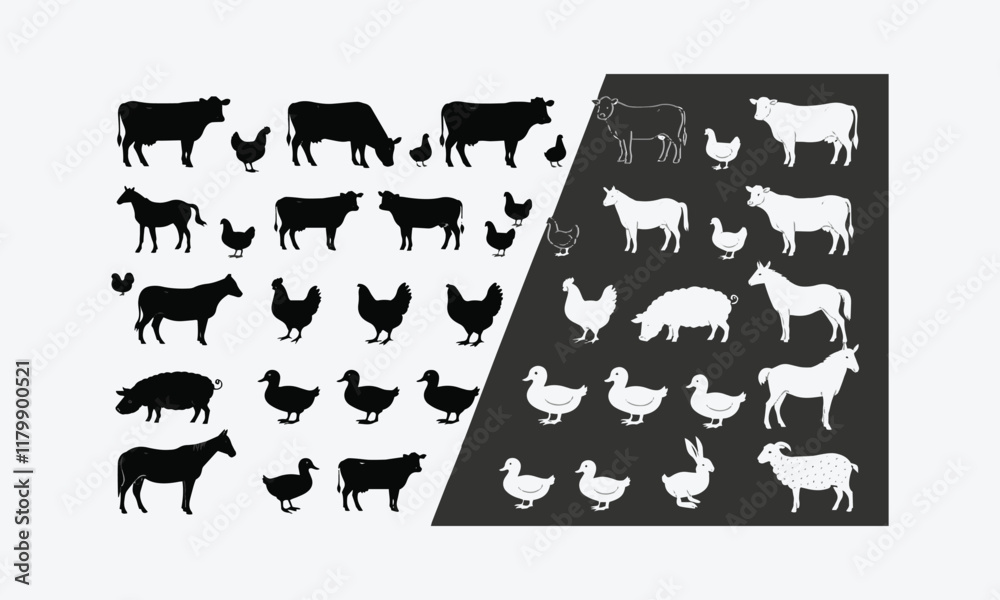 Fototapeta premium Farm animals silhouette pattern. Collection of domestic cattle. Illustration isolated on white, easily editable.