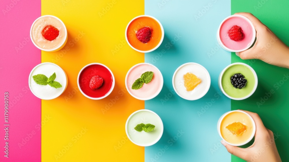 An assortment of yogurt cups arranged on a colorful background, each with a different flavor and topping, showcasing the variety and appeal of yogurt as a snack or meal option. An assortment of yogurt cups arranged on a colorful background, each with a different flavor and topping, showcasing the variety and appeal of yogurt as a snack or meal option.