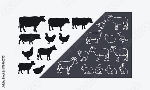 Farm animals silhouette pattern. Collection of domestic cattle. Illustration isolated on white, easily editable.