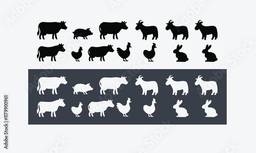 Farm animals silhouette pattern. Collection of domestic cattle. Illustration isolated on white, easily editable.