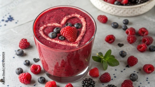 The camera captures a berry smoothie in stunning detail its rich vibrant color almost glowing. An artistic heart shape made from fresh raspberry coulis elegantly sits atop