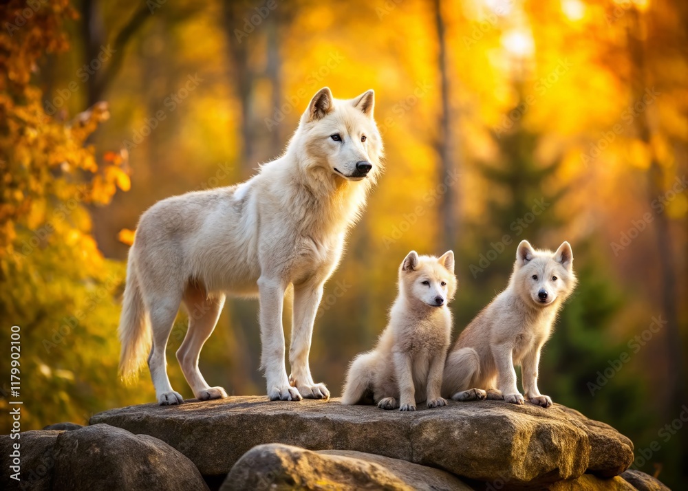 Obraz premium Minimalist Arctic Wolf Family Autumn Rock Forest Scene