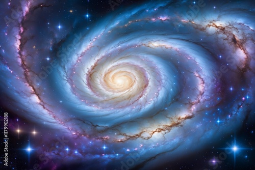 A spiral galaxy with a blue center and a purple and orange halo