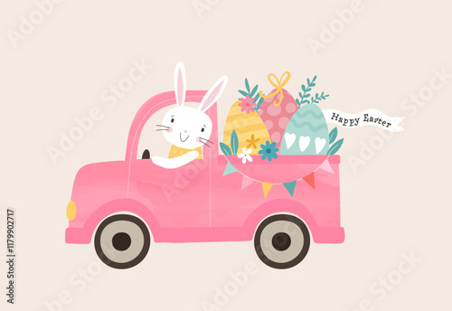 Lovely hand drawn Easter bunny in a truck with easter eggs ready for delivering Easter Greetings - vector design