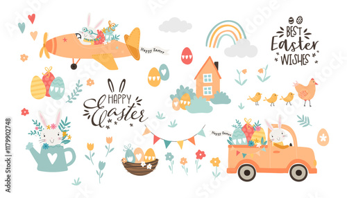 Lovely hand drawn Easter vector elements, truck, plane, house, flowers and more.