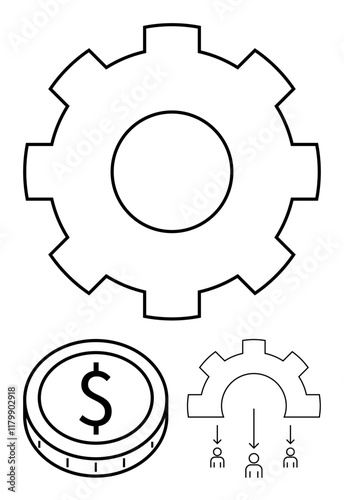 Gear symbol for processes, coin for financial value, and diagram for teamwork. Ideal for business strategy, productivity, resource management, economics, automation, team dynamics abstract line flat